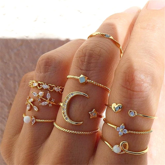 Set of 10 Adjustable Silver-tone Cosmic Rings