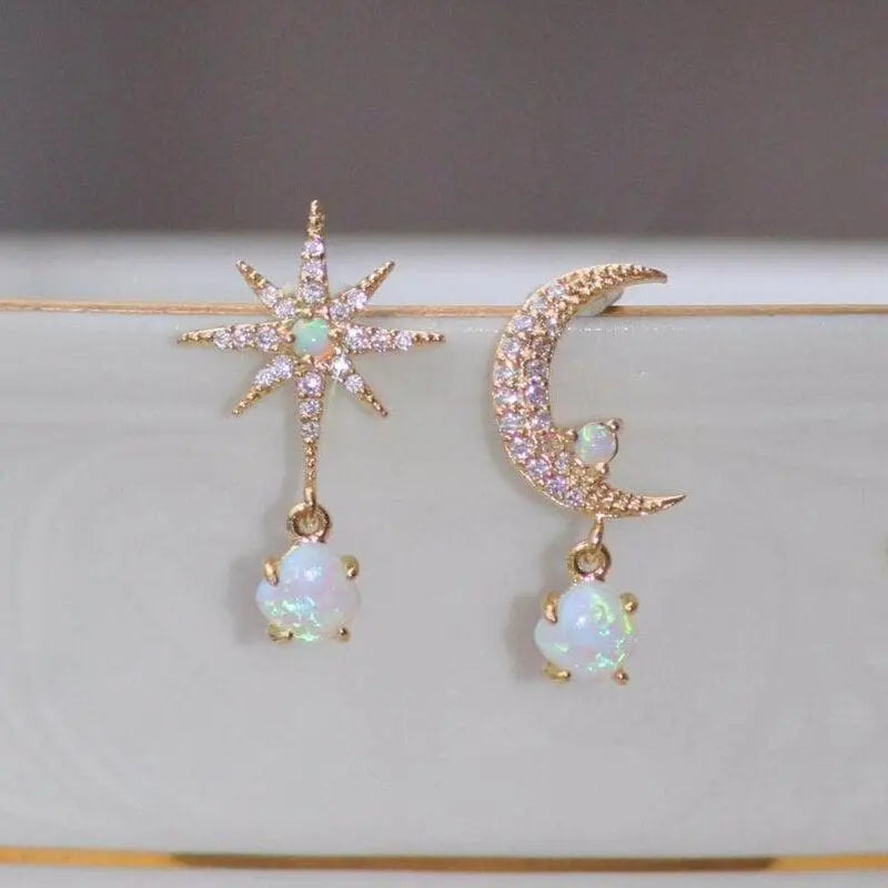 Gold-tone and Iridescent Moon and Star Earrings