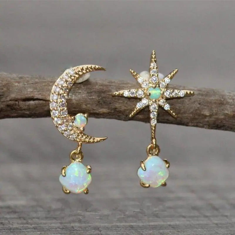 Gold-tone and Iridescent Moon and Star Earrings