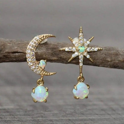 Gold-tone and Iridescent Moon and Star Earrings