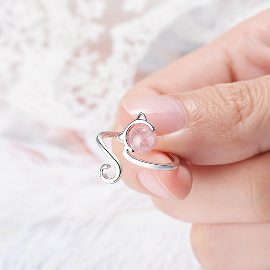 Silver-tone Pink Agate Kitten Ring