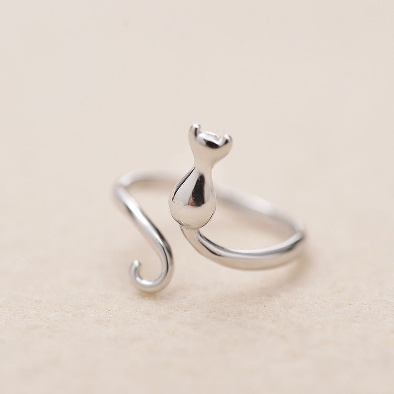 Adjustable Silver-tone Cat-Shaped Ring