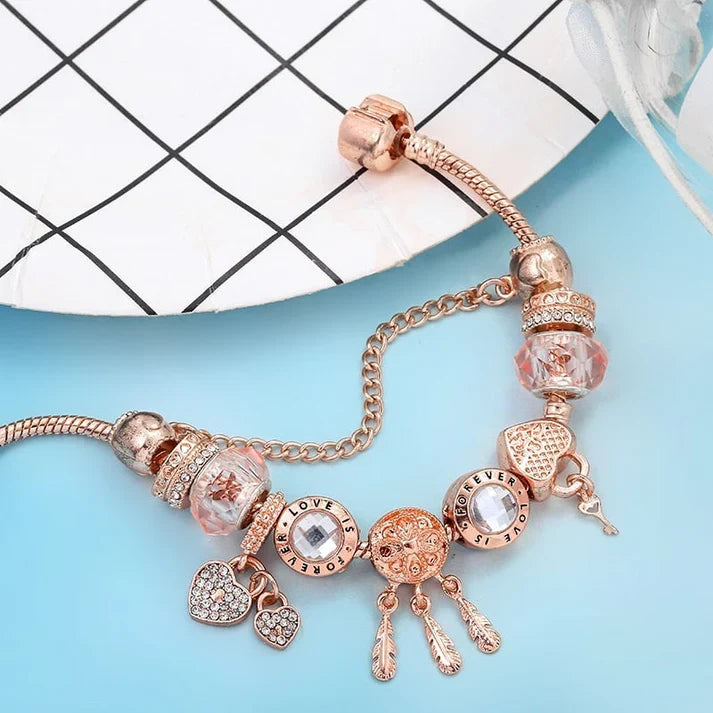 Rose Silver color Dreamcatcher Bracelet with Included Charms