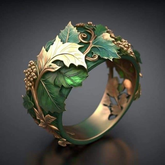 Exotic golden and green leaf ring