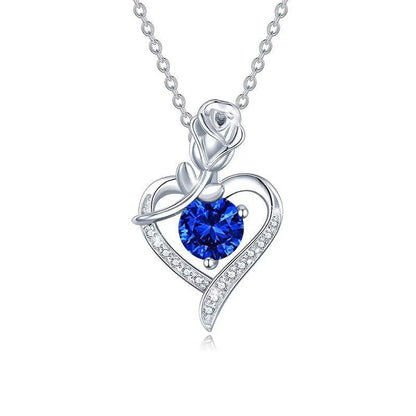 Blue Accent Rose Heart Necklace | White Gold-tone
