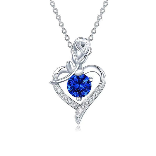 Blue Accent Rose Heart Necklace | White Gold-tone