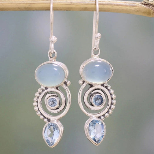 Vintage Silver-tone Milky Stone Earrings
