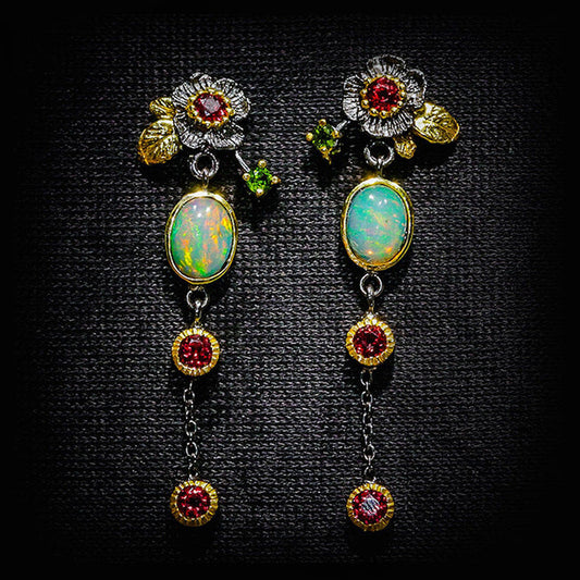 Gold-tone Vintage Blue Iridescent and Red Crystal Earrings