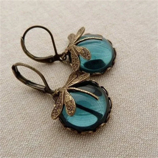 Antique Gold Dragonfly Earrings with Crystal