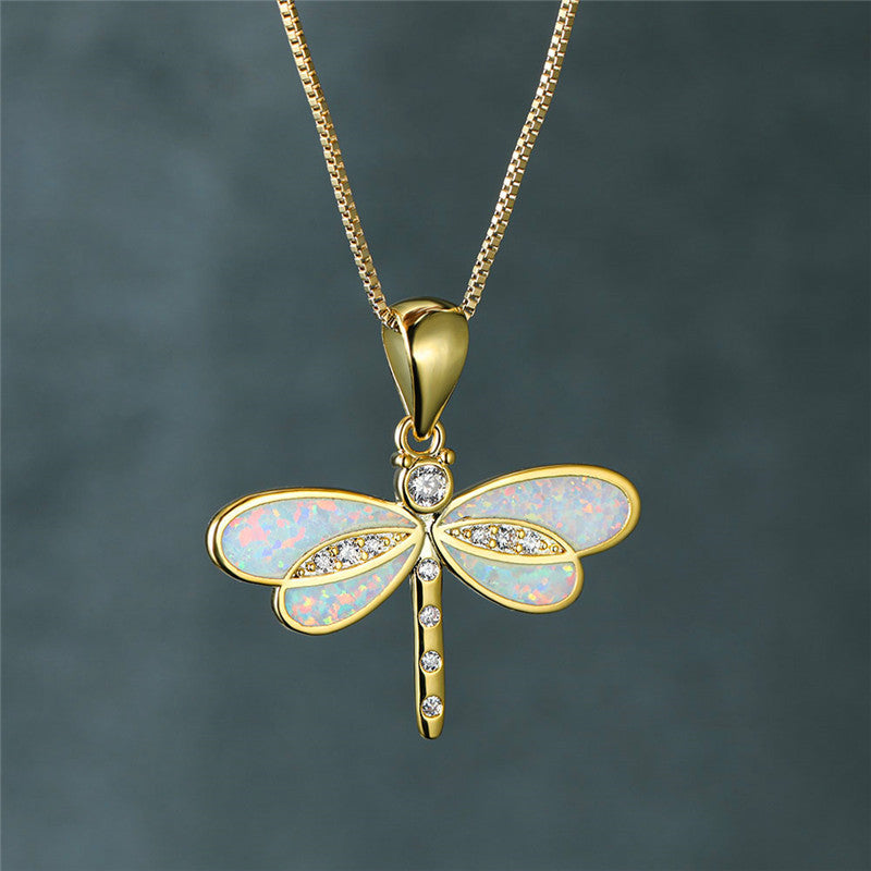 Gold-tone dragonfly necklace with Iridescent