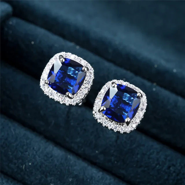 Square Blue Accent Earrings | White Gold-tone