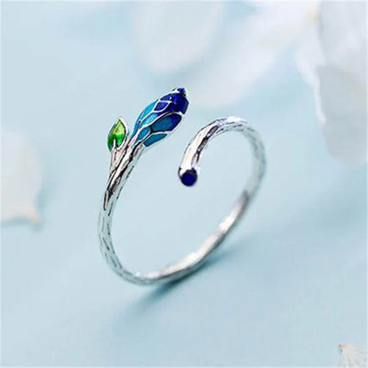 Silver-tone adjustable blue enamel leaf ring