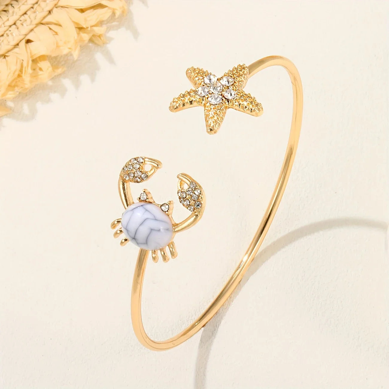 Adjustable Gold-tone Crab Ring with Double-Set Bead