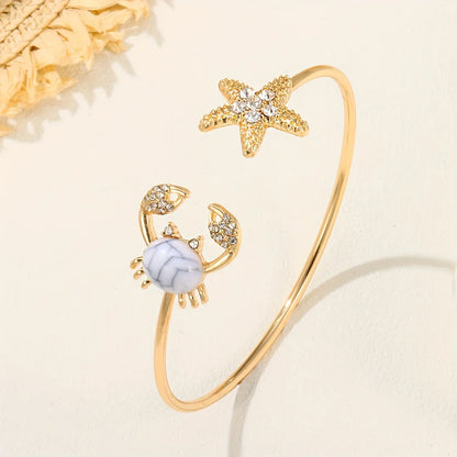 Adjustable Gold-tone Crab Ring with Double-Set Bead