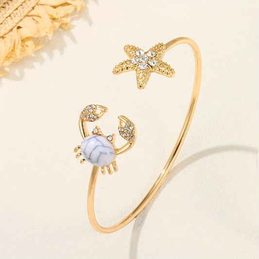 Adjustable Gold-tone Crab Ring with Double-Set Bead