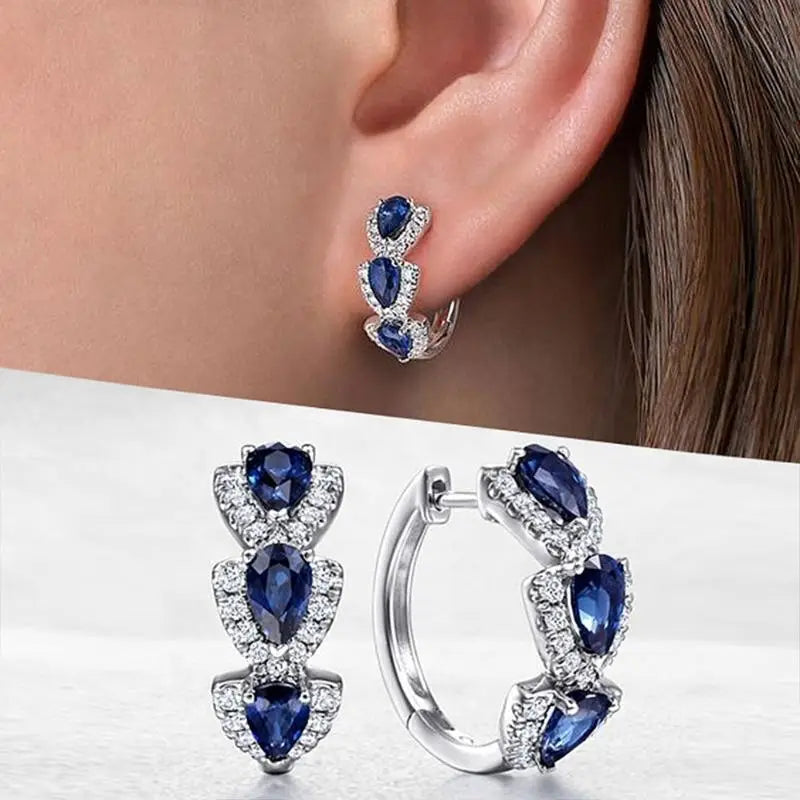 Royal Blue Accent Blason Earrings | White Gold-tone