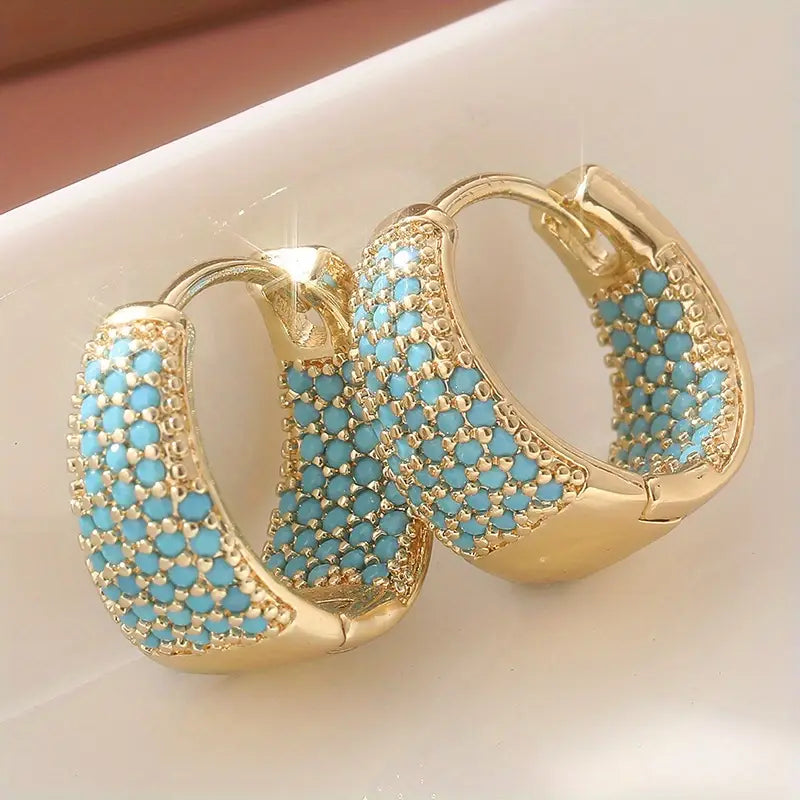 Gold-tone Blue-Green Bead Hoop Earrings | Gold-tone