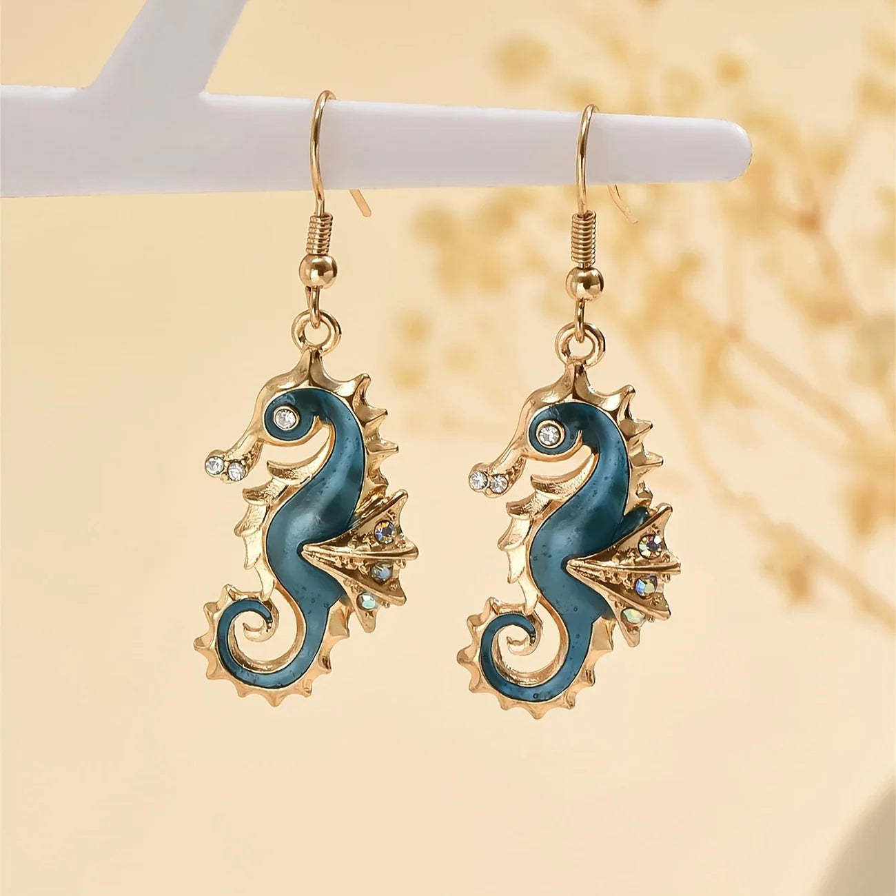 Gold-tone Blue Seahorse Earrings