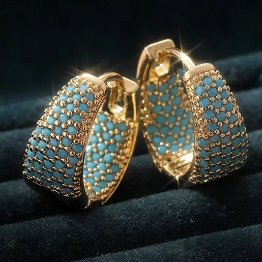 Gold-tone Blue-Green Bead Hoop Earrings | Gold-tone