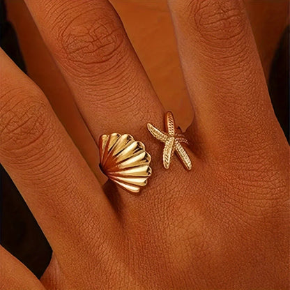Elegant Gold-tone Starfish and Shell Ring