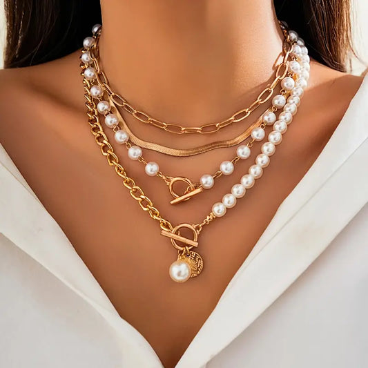 Vintage Pearl Serpent Chain Necklace Set | Golden