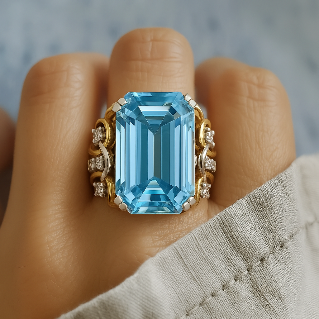 Vintage layered blue cubic zirconia and golden ring