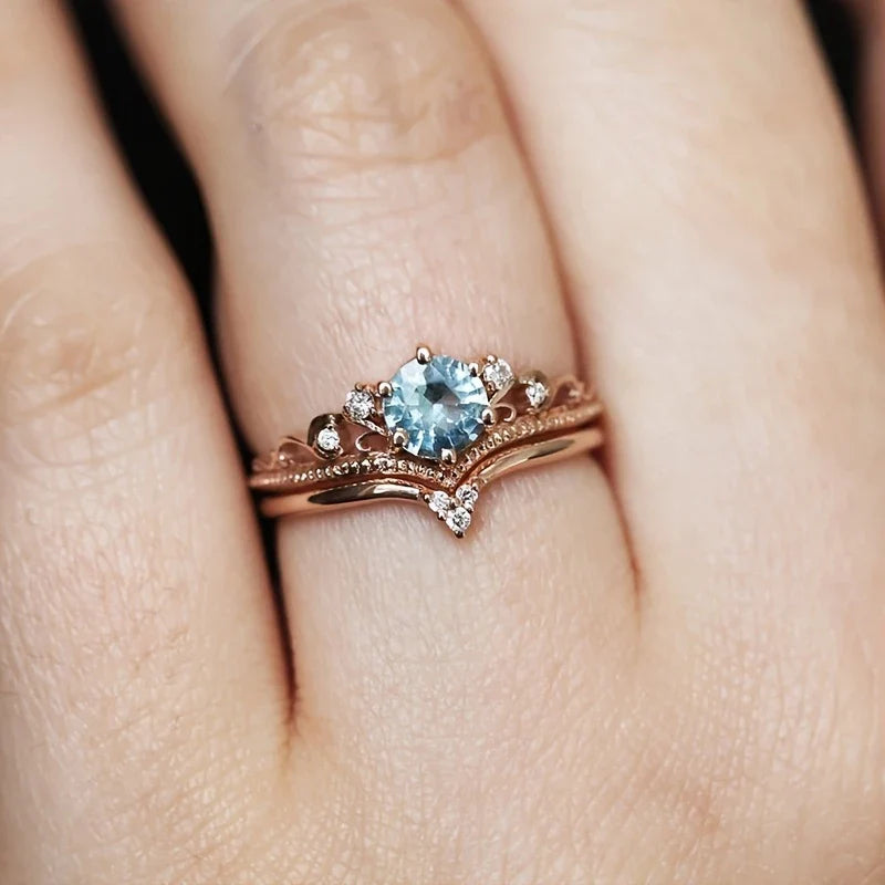 Gold-tone Blue Princess Cubic Zirconia Ring