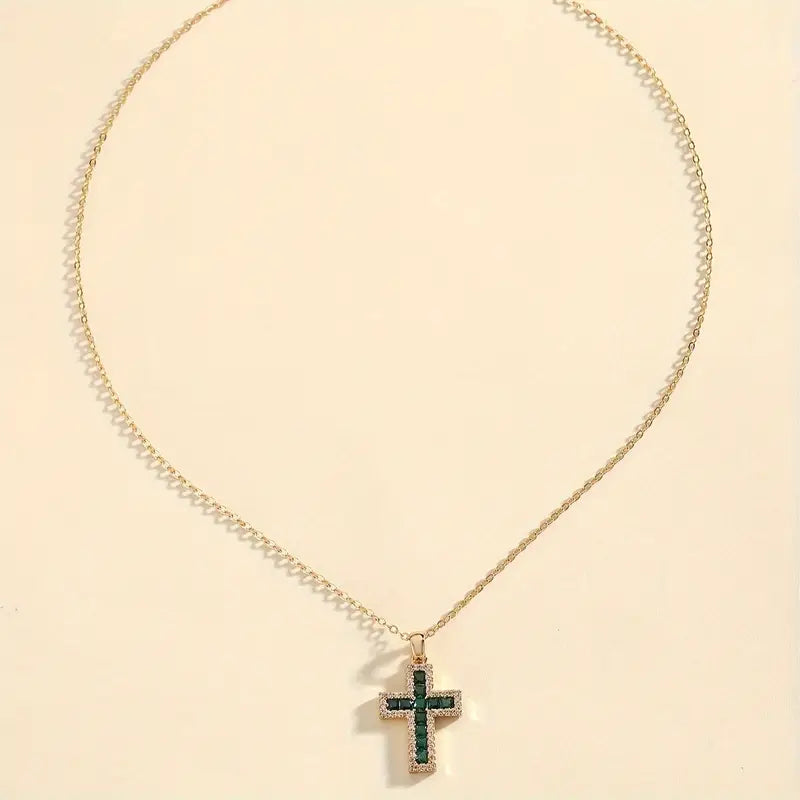 Solene Emerald Cross Pendant Necklace | Gold-tone