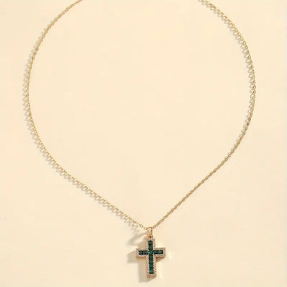 Solene Emerald Cross Pendant Necklace | Gold-tone