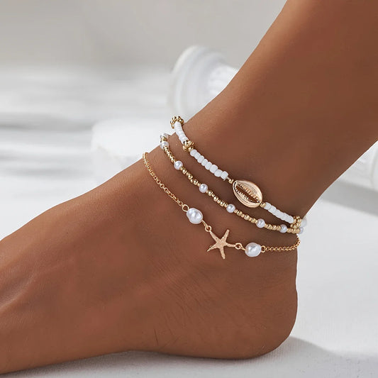 Everyday 3-Piece Gold-tone Star Anklet