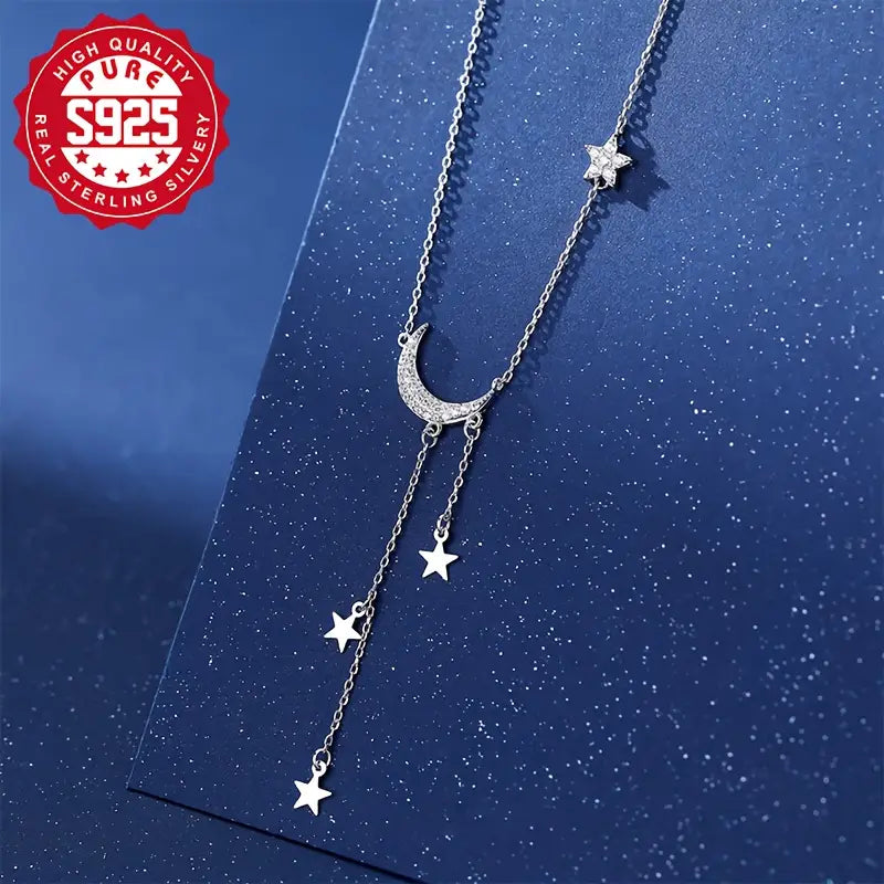 Sterling Silver color Moon Necklace with Tassels