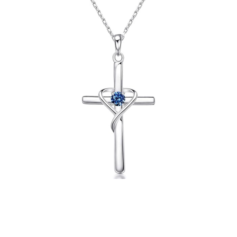 Blue Accent Cross Necklace | White Gold-tone
