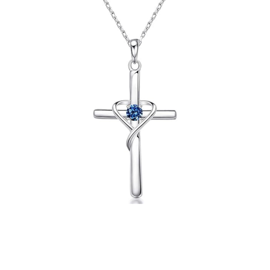 Blue Accent Cross Necklace | White Gold-tone