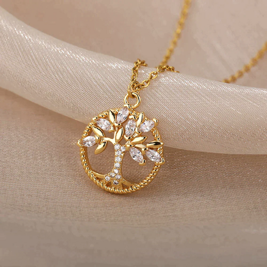 Gold-tone Tree of Life Necklace with Cubic Zirconias