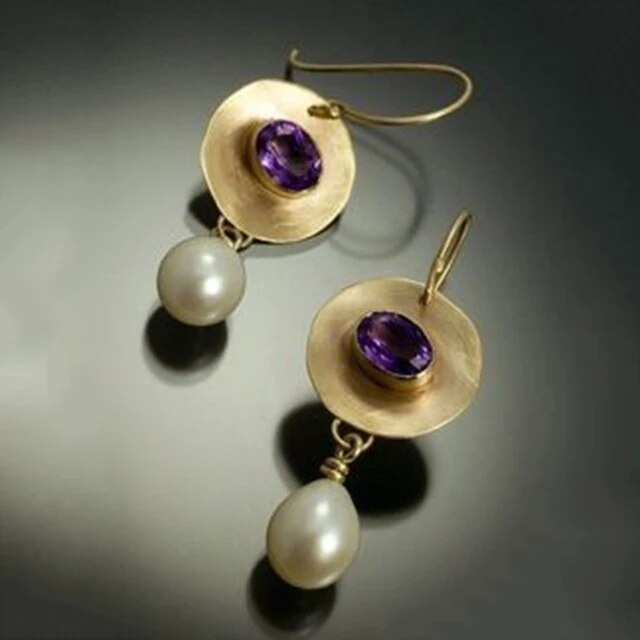 Vintage Gold-tone Purple Bead Earrings