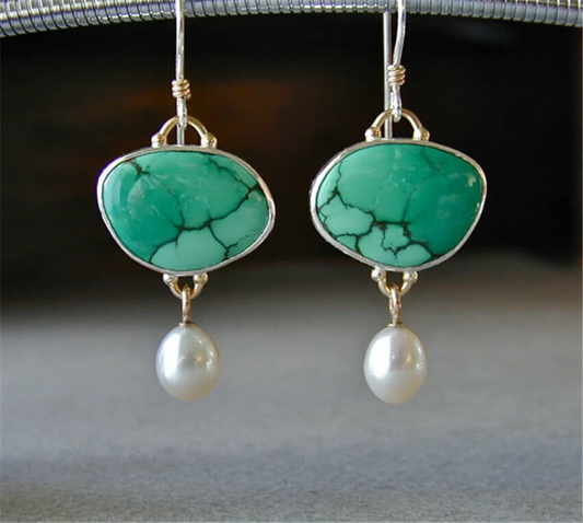 Vintage Blue-Green and Bead Earrings