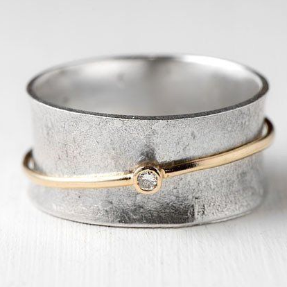 Vintage Silver-tone Zirconia Ring with Gold-tone Line