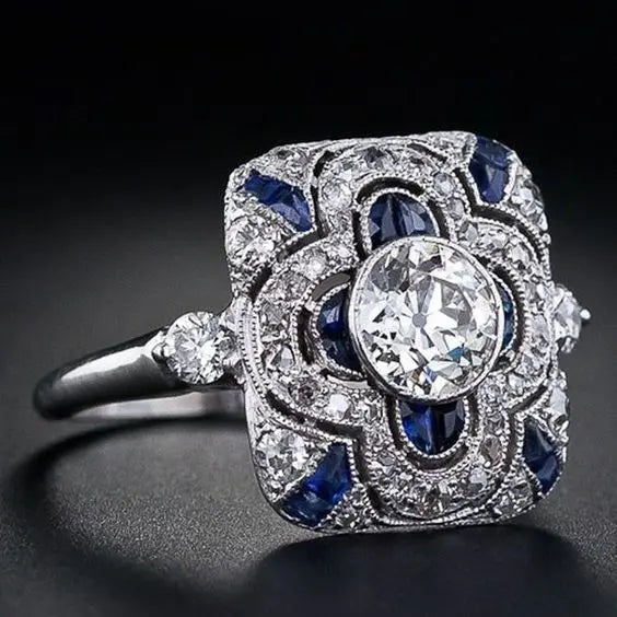 Vintage Silver-tone blue cubic zirconia ring