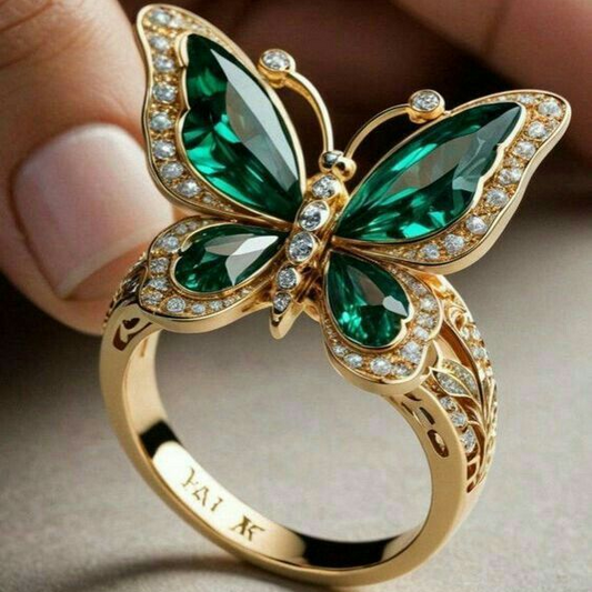 Gold-tone green crystal butterfly ring