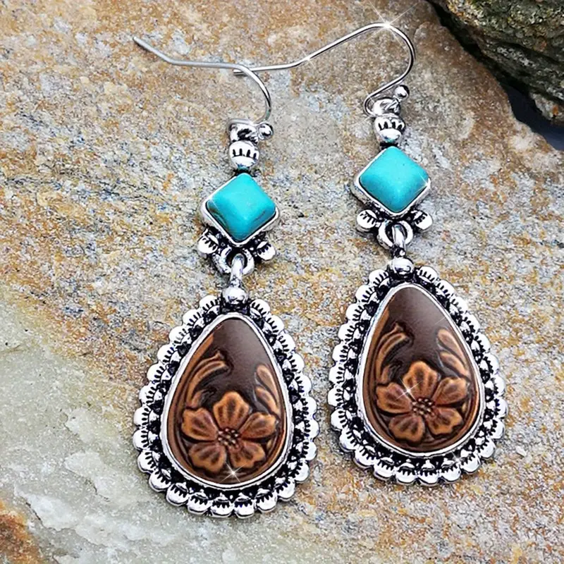 Silver-tone blue stone drop flower earrings