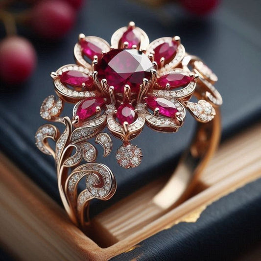 Gold-tone exotic red flower ring