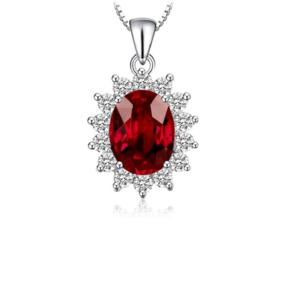 Classic Ruby Halo Necklace | White Gold-tone