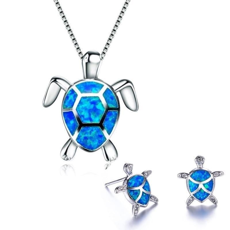 Sea Turtle Opal and Silver color Necklace + Earrings Set