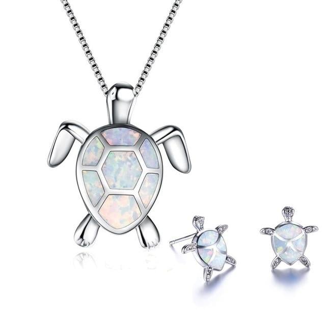 Sea Turtle Opal and Silver color Necklace + Earrings Set