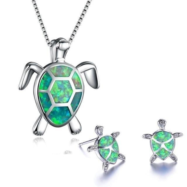 Sea Turtle Opal and Silver color Necklace + Earrings Set