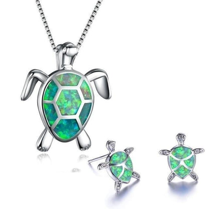 Sea Turtle Opal and Silver color Necklace + Earrings Set