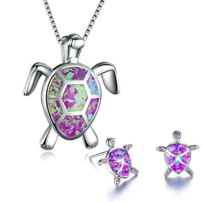 Sea Turtle Opal and Silver color Necklace + Earrings Set