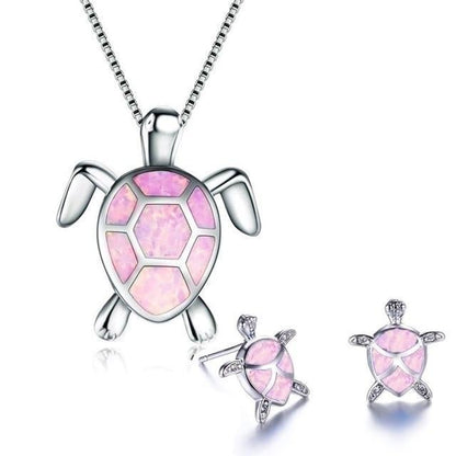 Sea Turtle Opal and Silver color Necklace + Earrings Set