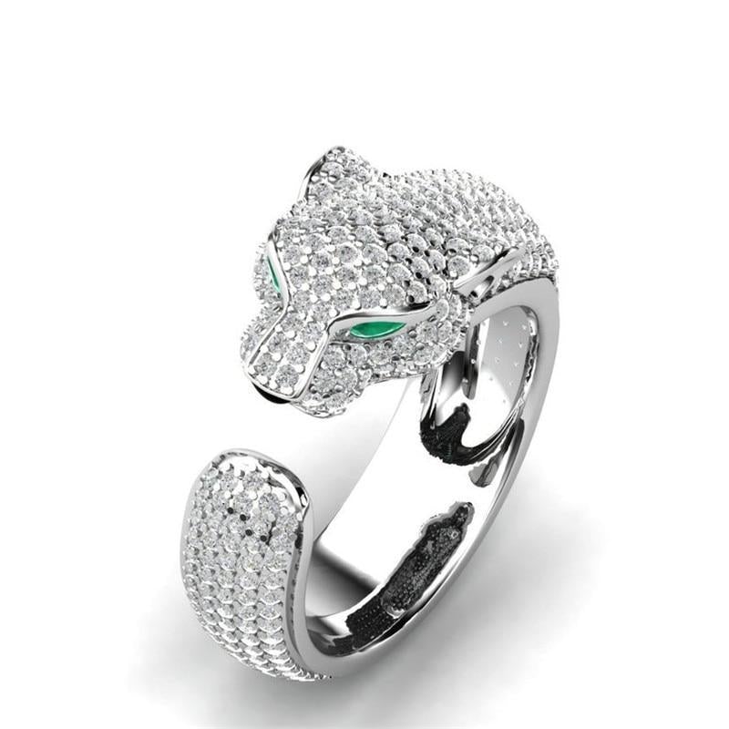 Adjustable Silver-tone and Rose Gold-tone Jaguar Ring with Green Cubic Zirconia Eyes