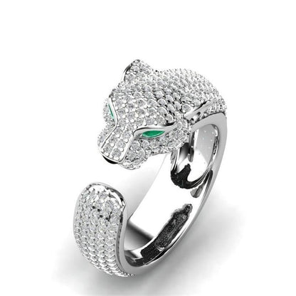 Adjustable Silver-tone and Rose Gold-tone Jaguar Ring with Green Cubic Zirconia Eyes